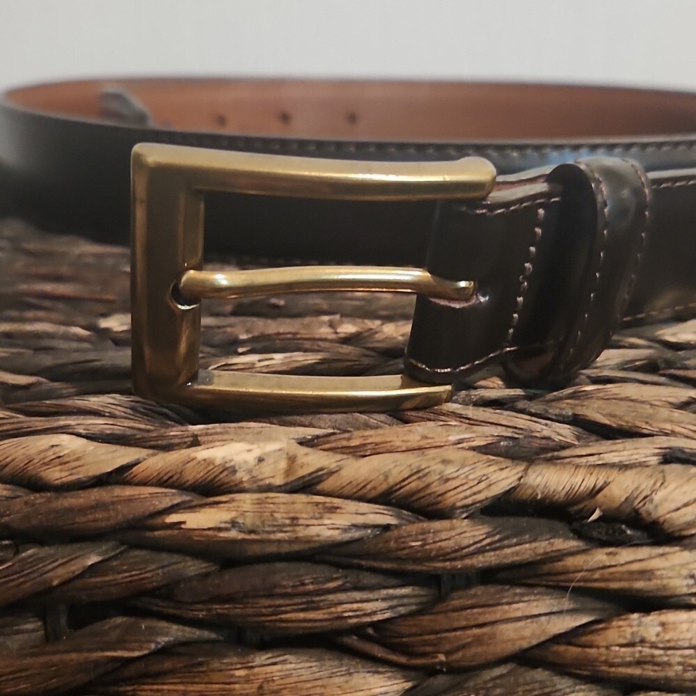 Mens L.L. Bean Dark Brown Leather Belt Brass Buckle, Size 44